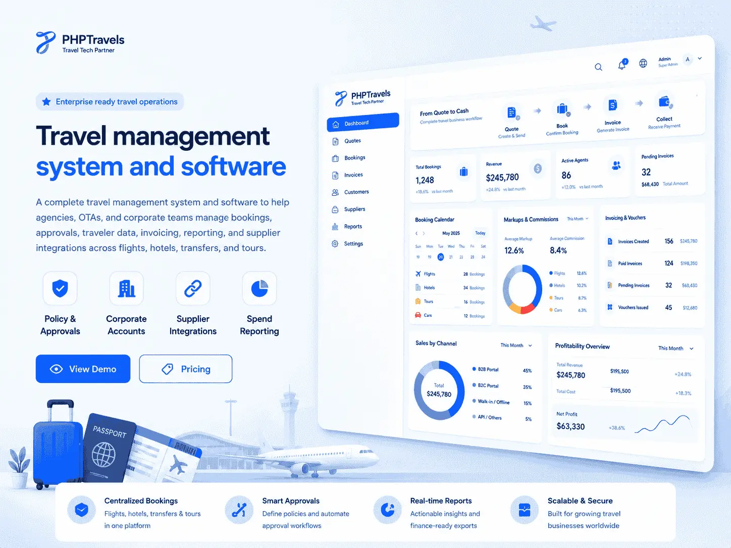 Travel management system and software dashboard for bookings approvals invoicing and reporting